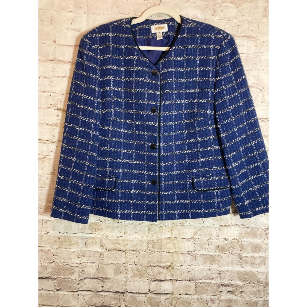 Vintage Talbots Wool Tweed Jacket Womens 18 Navy Button‎ Front Preppy Academia